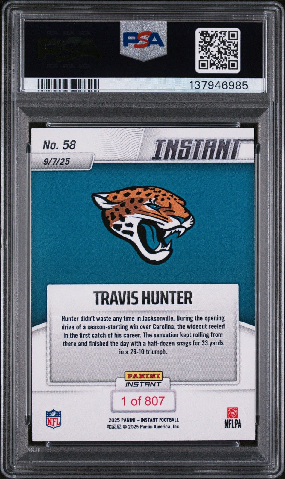 Graded 2025 Panini Instant Travis Hunter #58 Rookie RC Football Card PSA 10