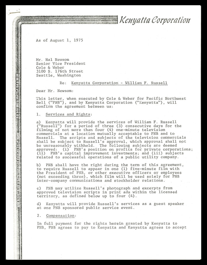 Bill Russell Autographed 1975 TV Contract Boston Celtics Beckett BAS #AC74544