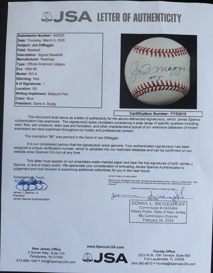 Joe DiMaggio Signed Official American League Baseball #5 Auto Rare JSA Loa HOF