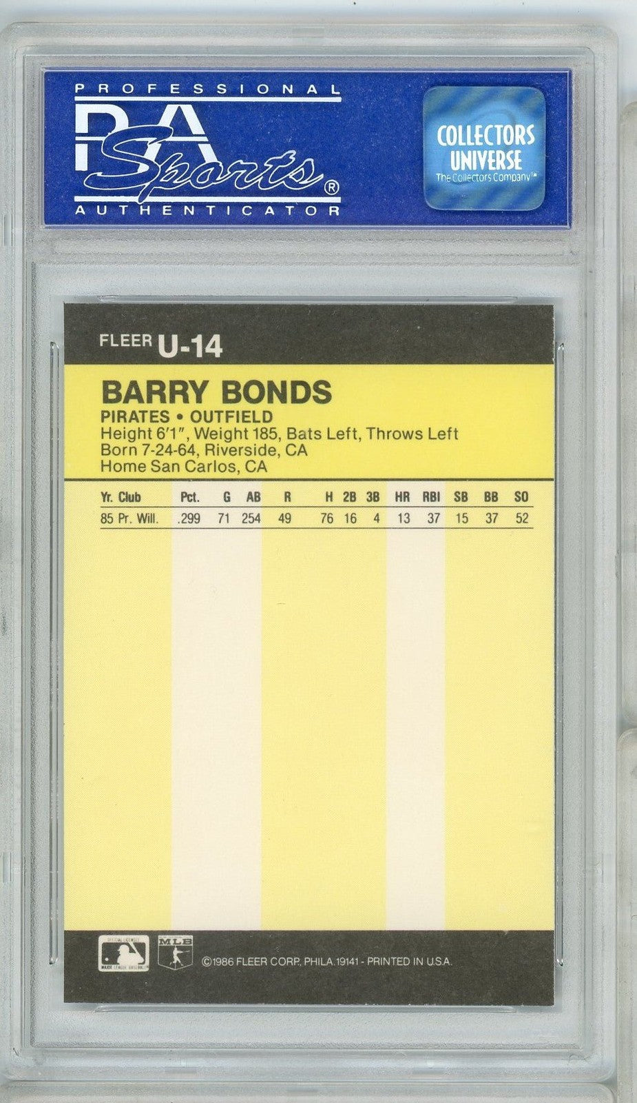 Graded 1986 Fleer Update Barry Bonds #U14 Rookie RC Card PSA 9 Mint