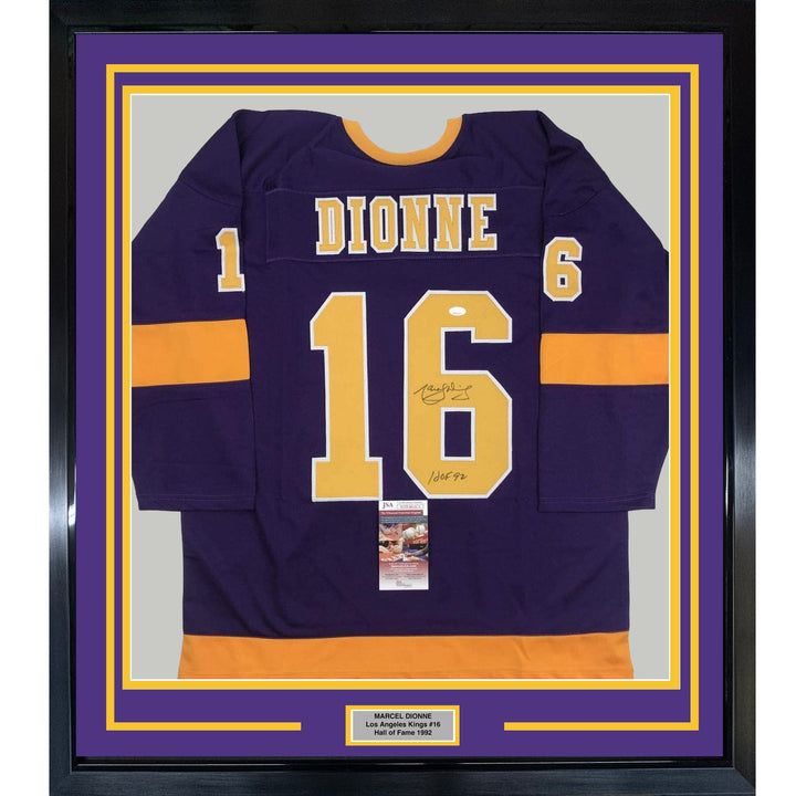 FRAMED Autographed/Signed MARCEL DIONNE HOF 92 33x42 LA Purple Jersey JSA COA