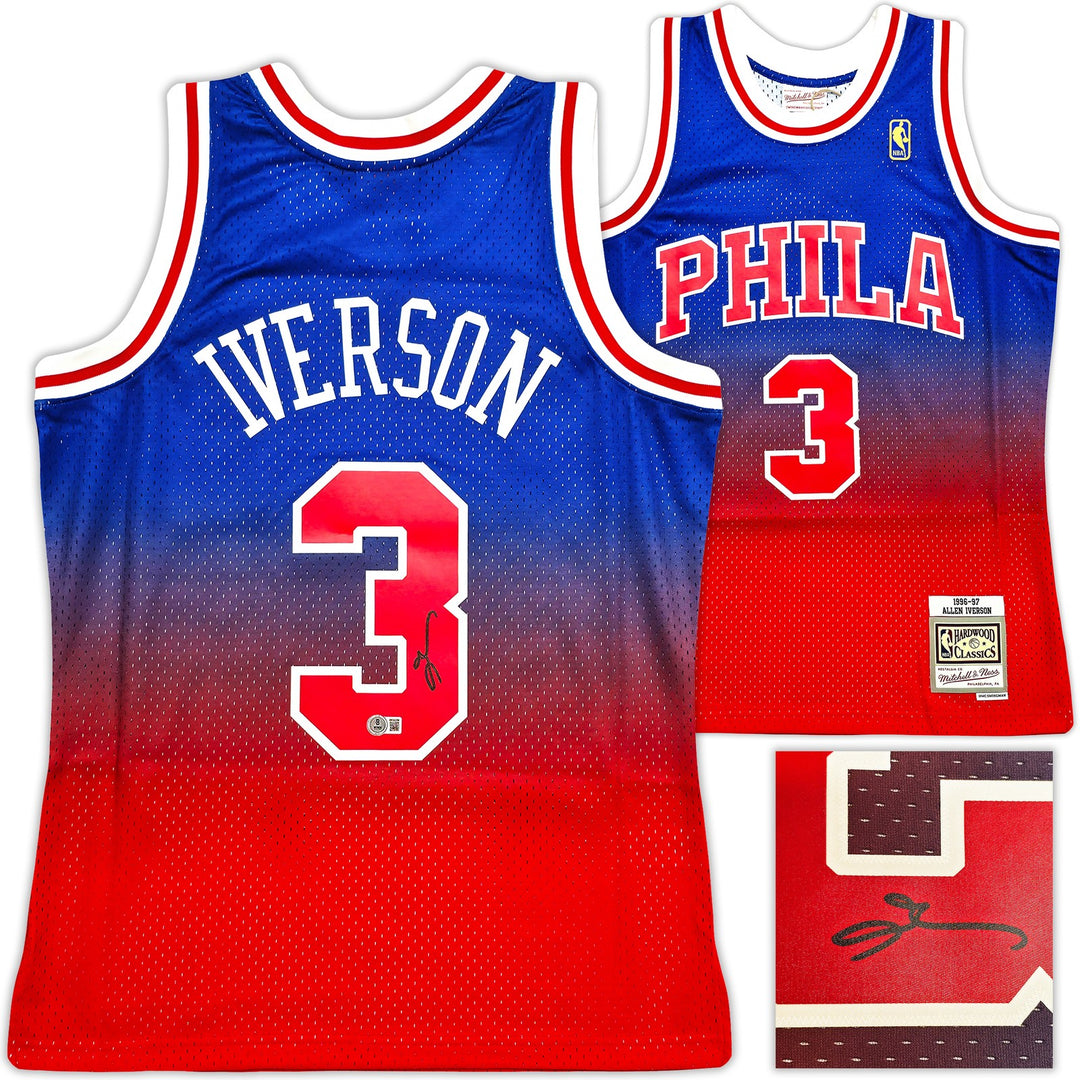 76ers Allen Iverson Auto Red Mitchell Ness 96-97 Swingman Fadeaway Jersey M BAS