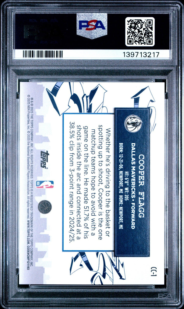 Graded 2025 Topps Cooper Flagg CC1 Clutch City Prospects Rookie Card PSA 10