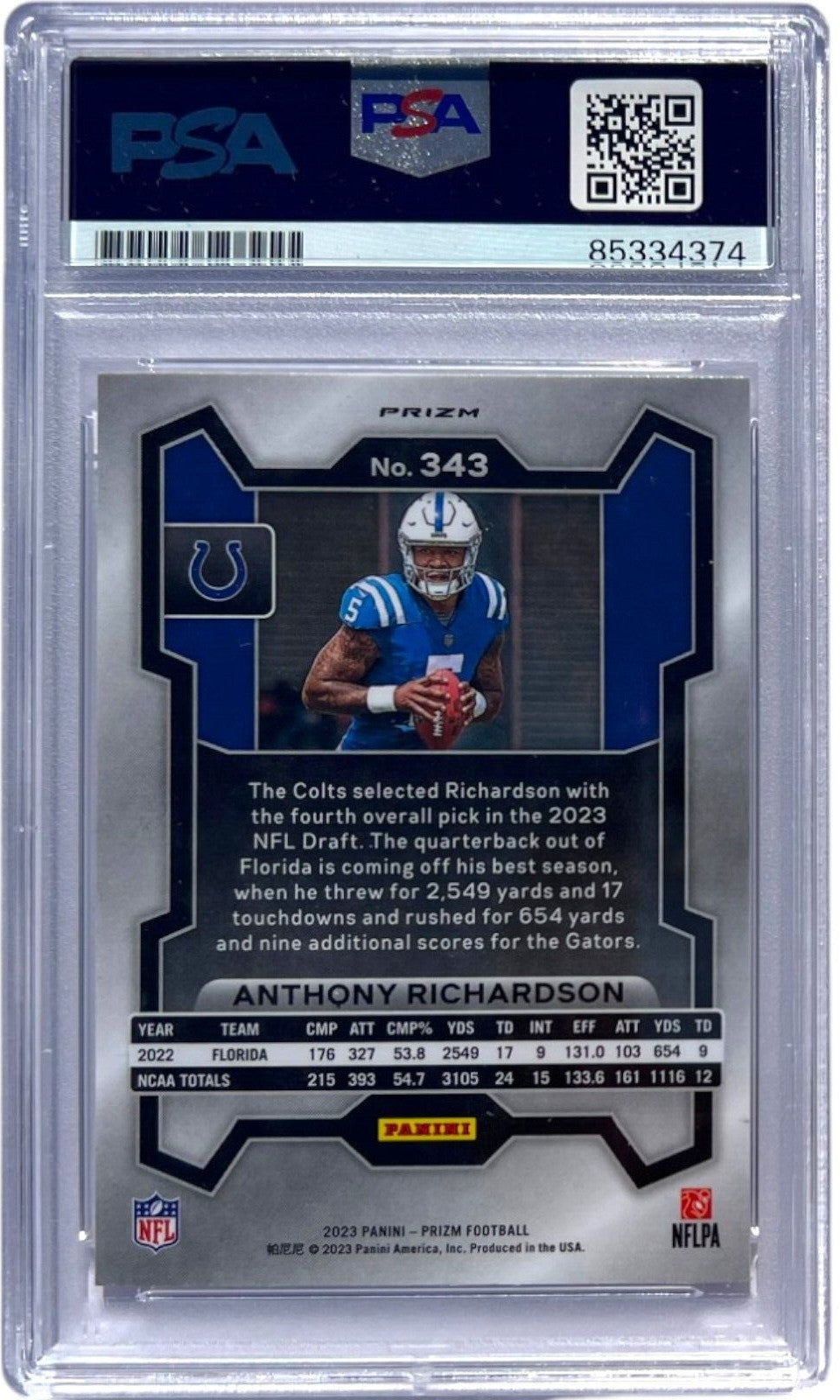 ANTHONY RICHARDSON SIGNED 2023 PANINI PRIZM SILVER ROOKIE CARD AUTO #343 PSA/DNA