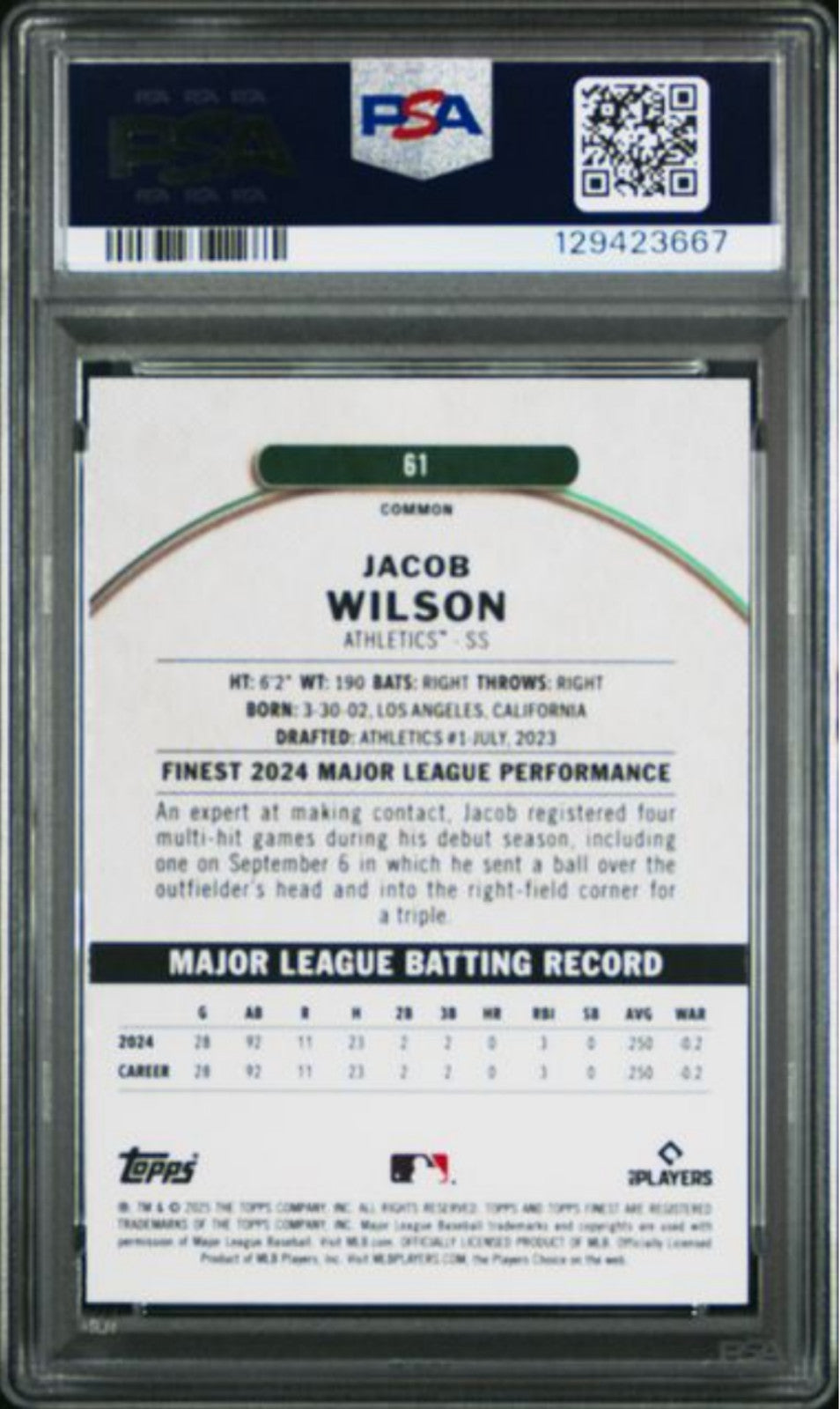 Graded 2025 Topps Finest Jacob Wilson #61 Rookie Baseball Card PSA 10 Gem Mint