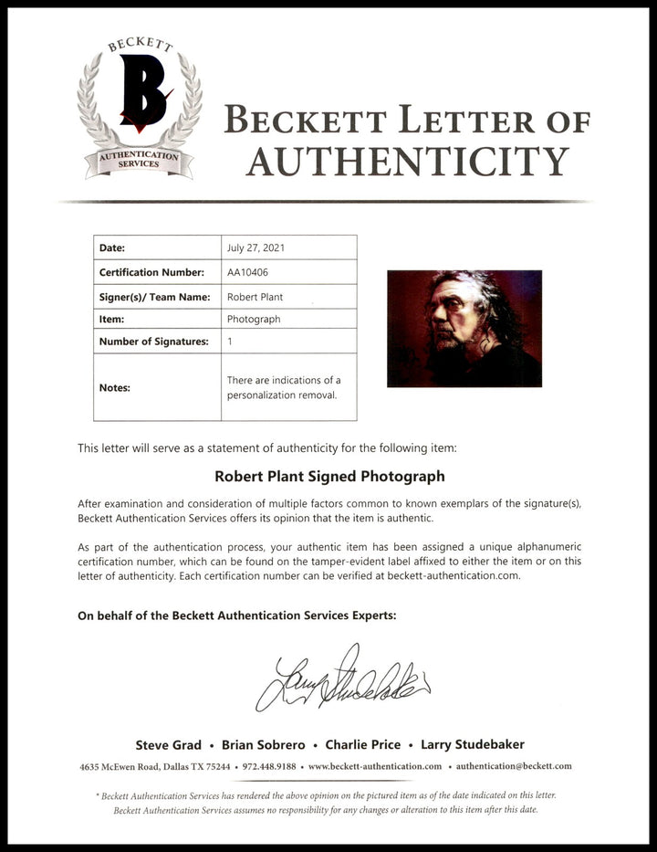Robert Plant Auto Signed 8x10 Photo Led Zeppelin (Removal) Beckett #AA10406
