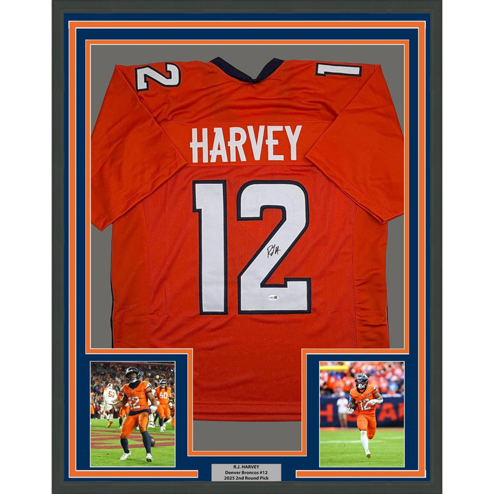 Framed Autographed/Signed R.J RJ Harvey 35x36 Denver Orange Jersey JSA COA