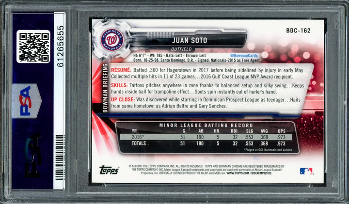 Juan Soto Signed 2017 Bowman Draft Chrome RC BDC162 New York Mets PSA 10 PSA/DNA
