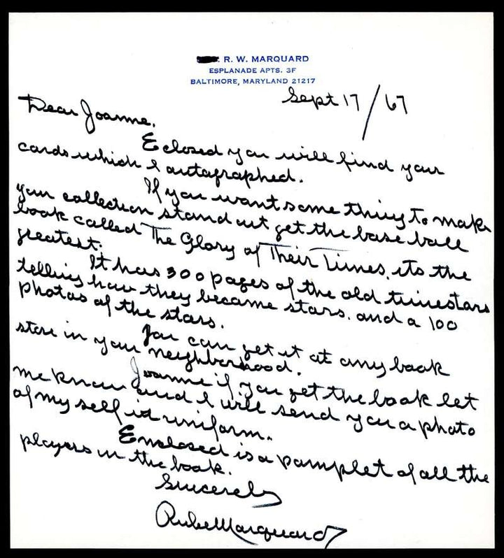 Rube Marquard PSA DNA Loa Signed 1967 Personal Letter Autograph