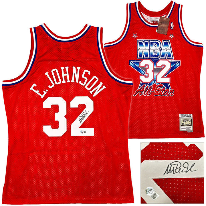 Lakers Magic Johnson Auto Red Mitchell & Ness 1991 ASG Swingman Jersey L Beckett