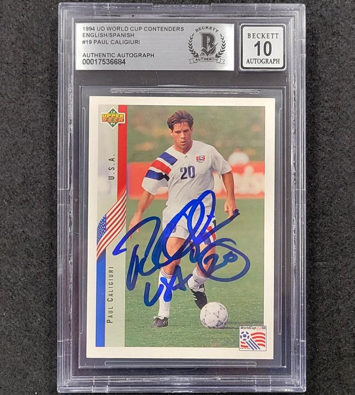 1994 UD World Cup #19 Paul Caligiuri "USA, #20" signed card Beckett BAS 10 auto