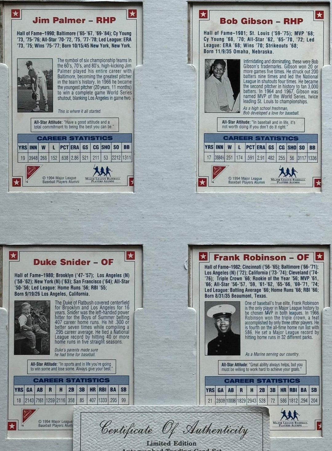 1994 Nabisco All Star Legends Autographs 4-Card Set Framed