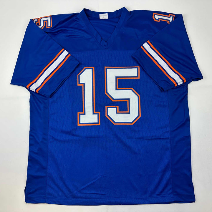 Autographed/Signed Tim Tebow Florida Blue College Jersey Beckett BAS COA