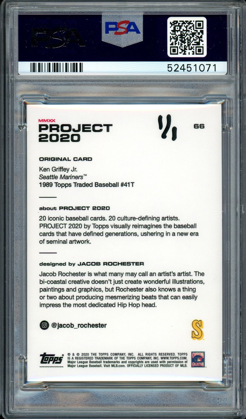 Ken Griffey Jr. Auto Topps Project 2020 Jacob Rochester Card 66 24 #1/1 PSA/DNA