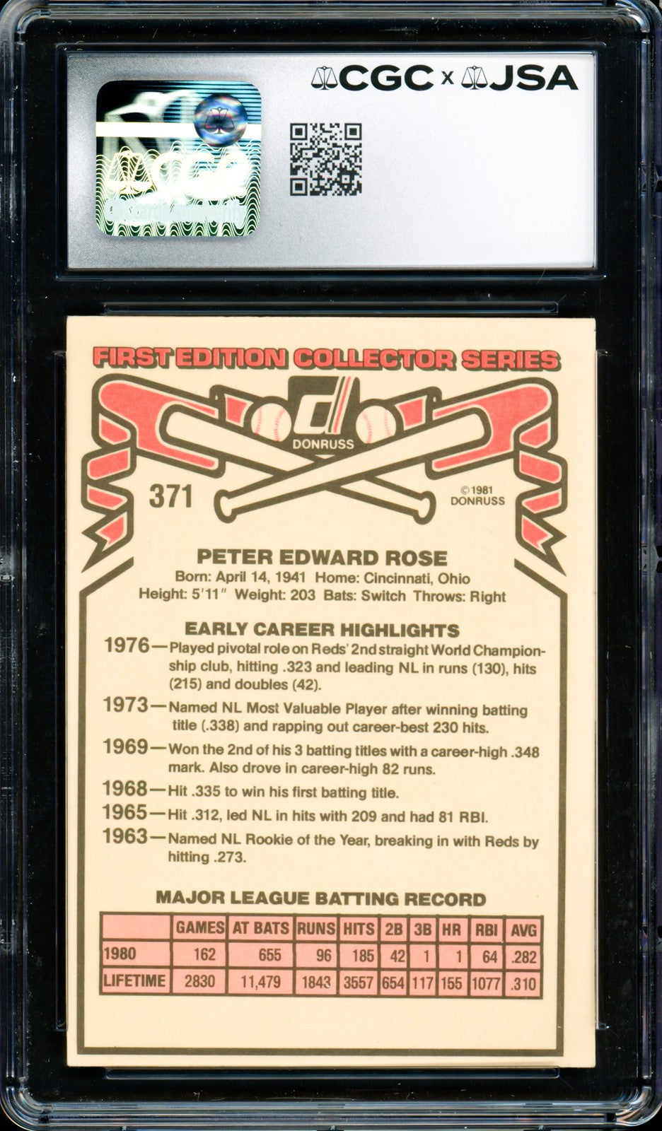 Pete Rose Signed 1981 Donruss Card 371 Phillies CGC x JSA
