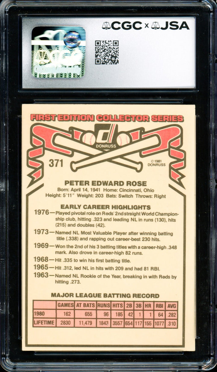 Pete Rose Signed 1981 Donruss Card 371 Phillies CGC x JSA