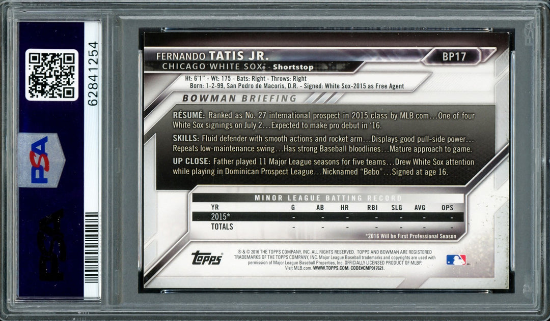 Fernando Tatis Jr. Signed 2016 Bowman Prospects RC #BP17 San Diego Padres PSA7