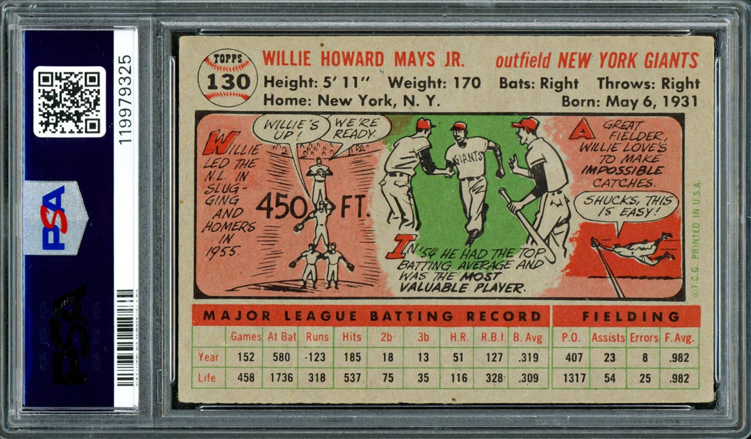 Willie Mays Signed 1956 Topps Card 130 Giants PSA 2 Auto 7 PSA/DNA #119979325