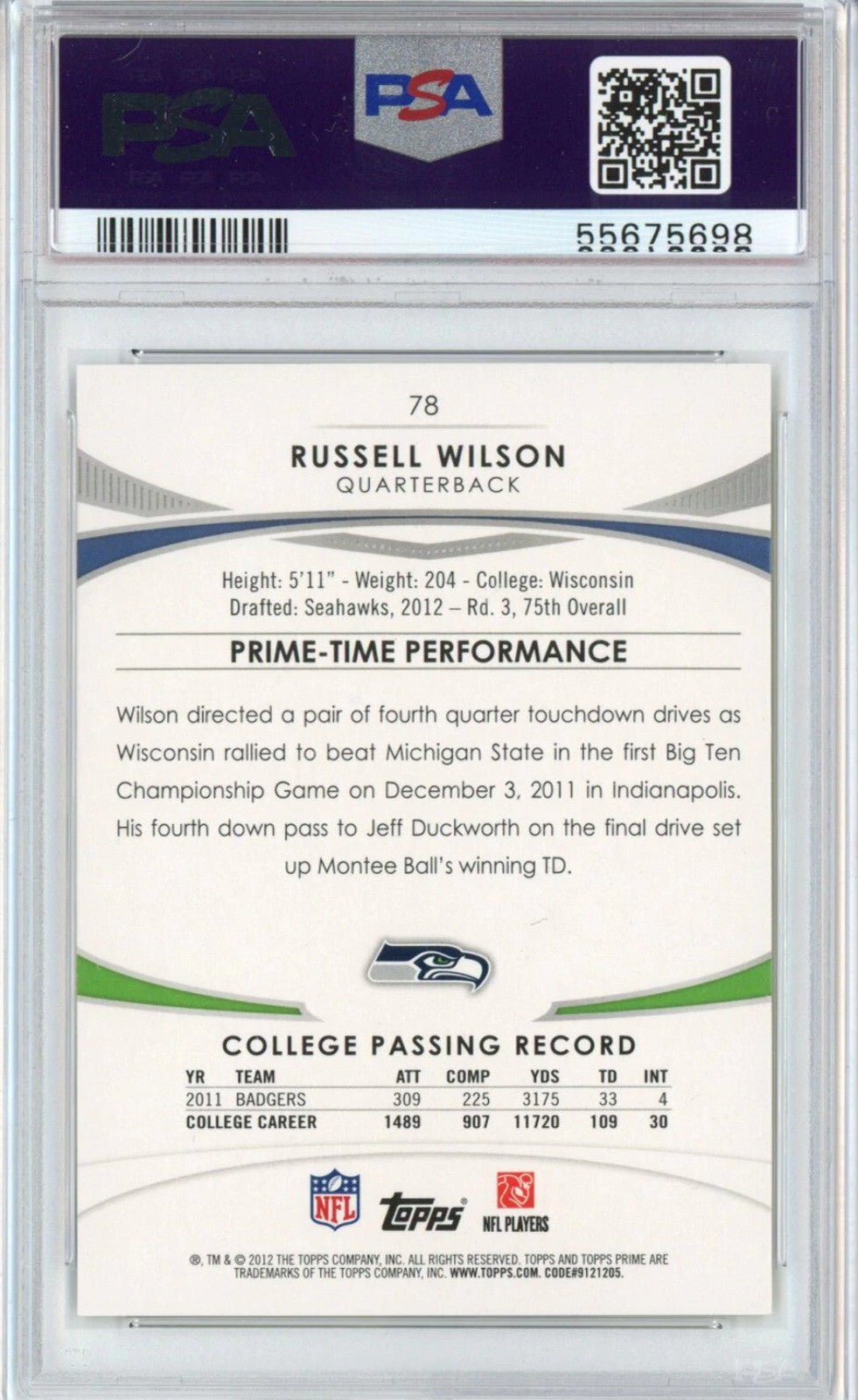 Graded 2012 Topps Prime Russell Wilson #78 No Stand Retail Rookie Card PSA 10