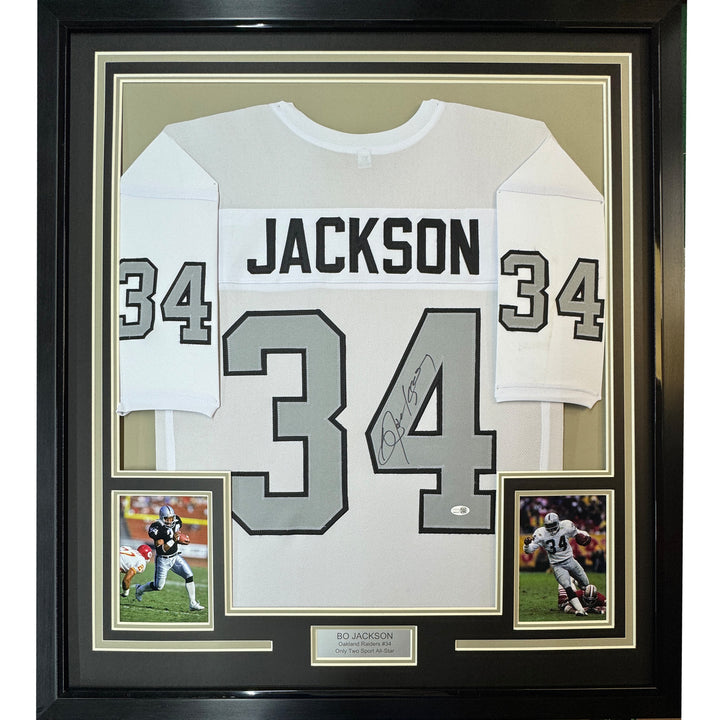 Framed Autographed/Signed Bo Jackson 35x39 Oakland White Football Jersey JSA COA