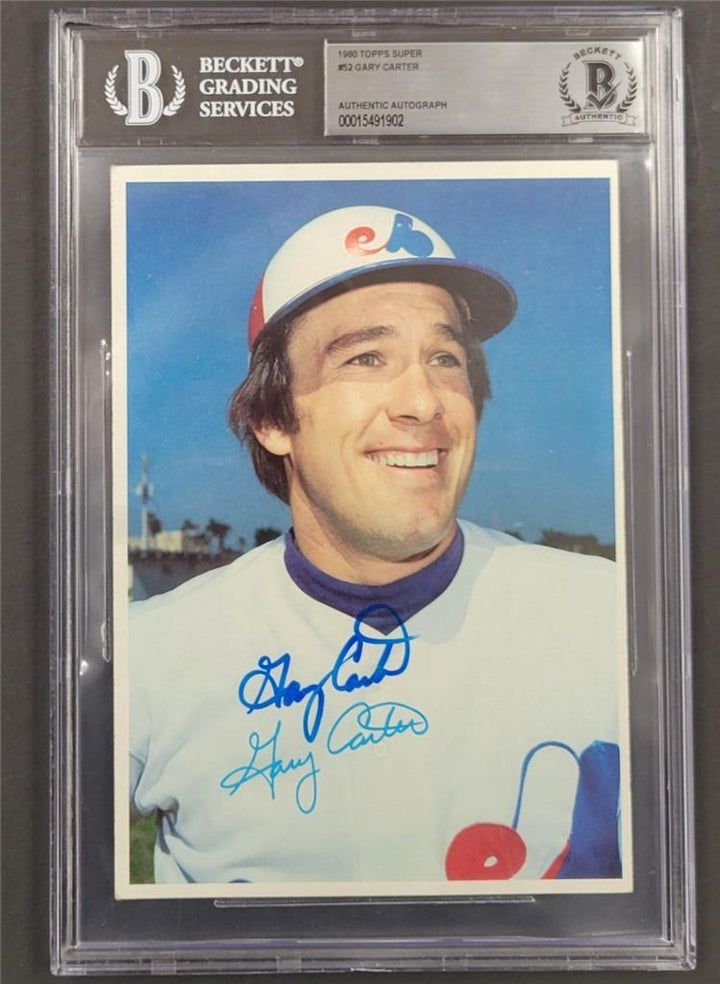 Gary Carter signed 1980 Topps Super #52 Montreal Expos 5x7 card auto Beckett BAS