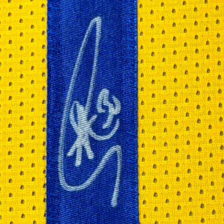 Framed Autographed/Signed Stephen Steph Curry 33x42 Yellow Jersey JSA COA