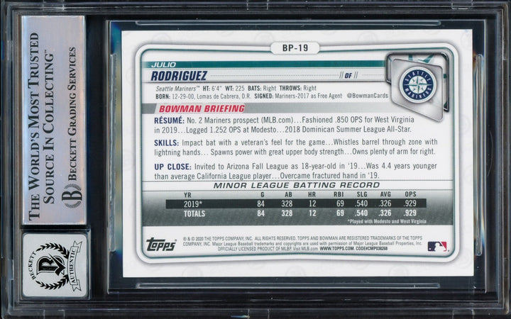 Julio Rodriguez Signed 2020 Bowman Prospects RC BP19 Mariners Auto GM 10 Beckett