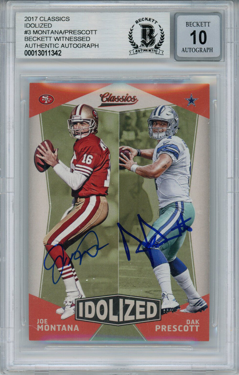 Joe Montana & Dak Prescott 2017 Idolized Classics Trading Card BAS 10 Slab 32779