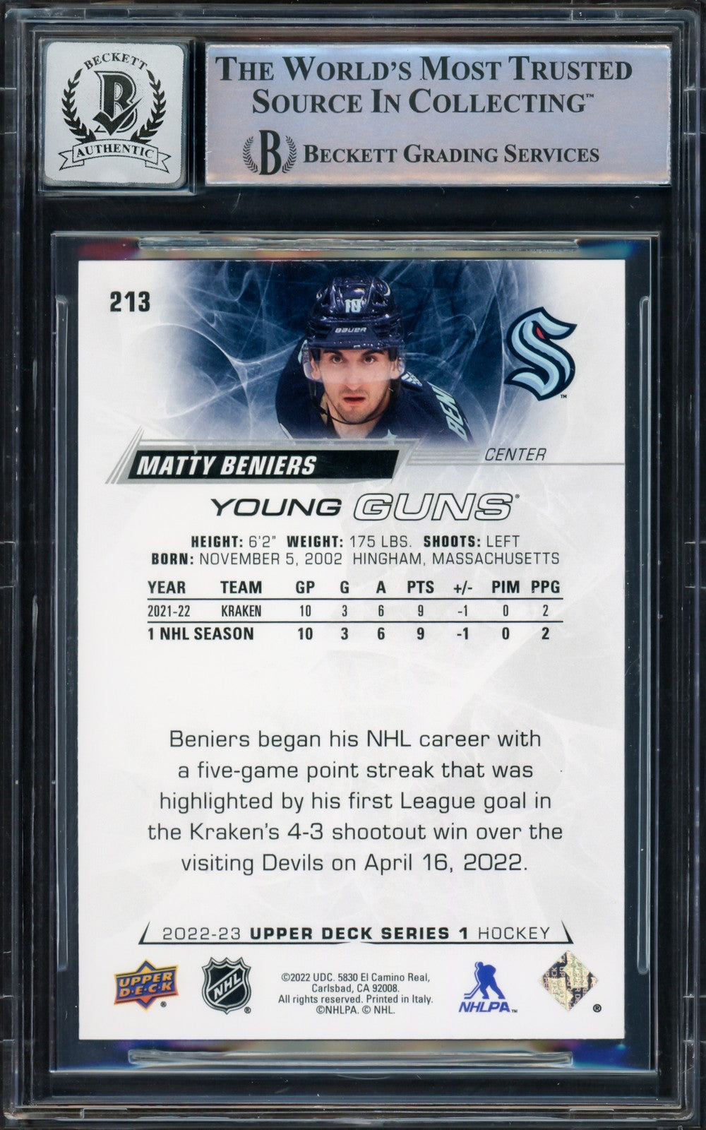Matty Beniers Auto 2022-23 Upper Deck Young Guns RC 213 Kraken Sig 10 Beckett