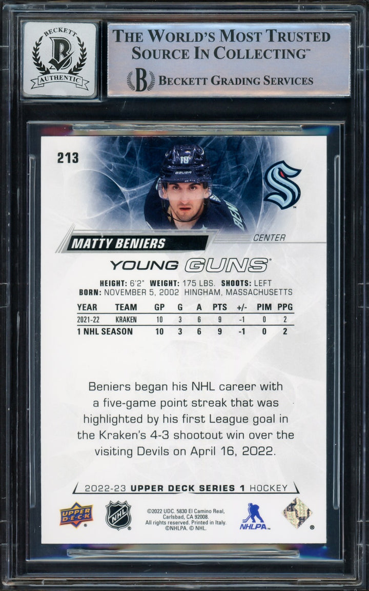 Matty Beniers Auto 2022-23 Upper Deck Young Guns RC 213 Kraken Sig 10 Beckett