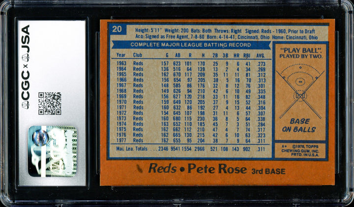 Pete Rose Signed 1978 Topps Card 20 Cincinnati Reds Grade 7.5 CGC x JSA