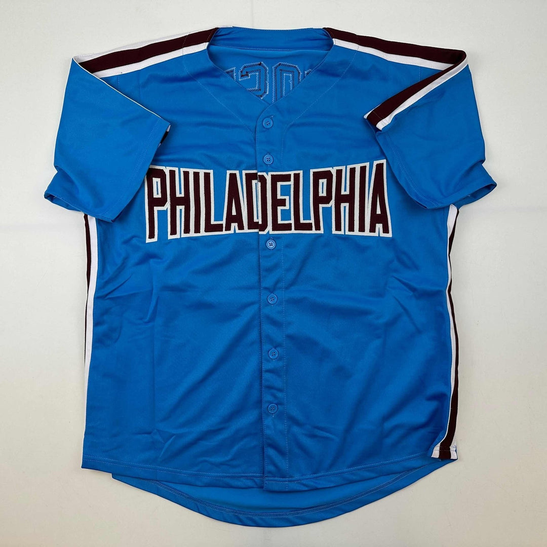 Autographed/Signed Pete Rose Philadelphia Retro Blue Jersey JSA COA