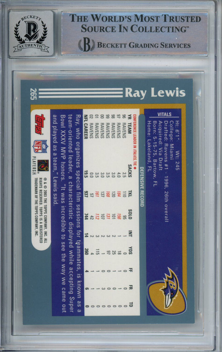Ray Lewis Autographed 2003 Topps #265 Trading Card Beckett 10 Slab 39239