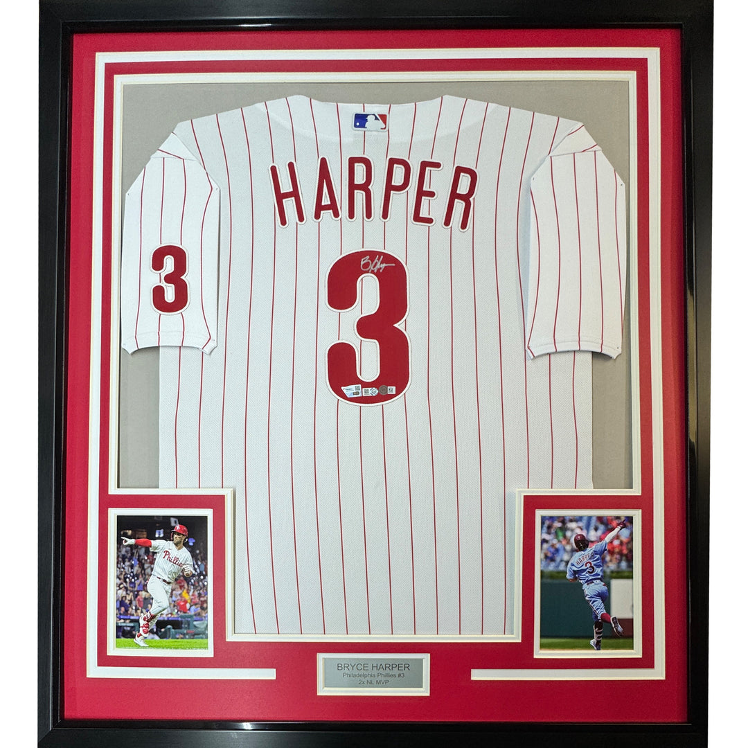Framed Autographed/Signed Bryce Harper 33x42 Phillies Jersey Fanatics & MLB COA