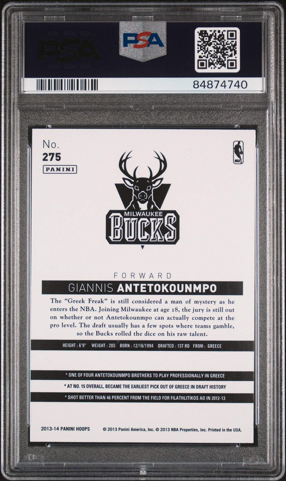 Graded 2013 Panini Hoops Giannis Antetokounmpo #275 RC Basketball Card PSA 10