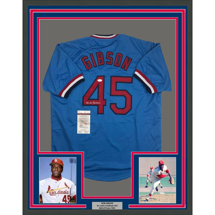 Framed Signed Bob Gibson 35x39 St. Louis Blue Jersey JSA COA Auto