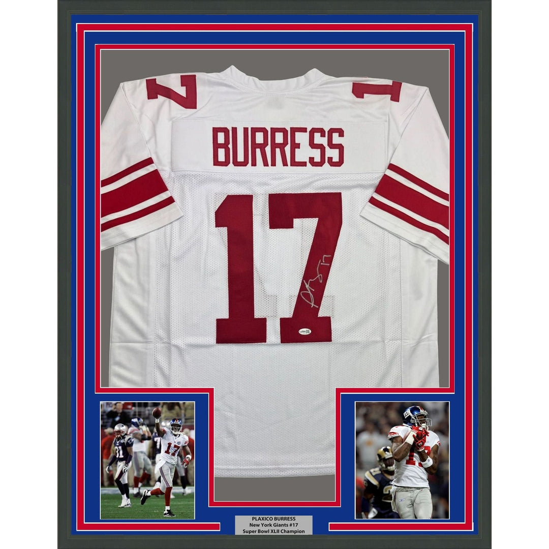 Framed Autographed/Signed Plaxico Burress 35x39 NY White Jersey JSA COA