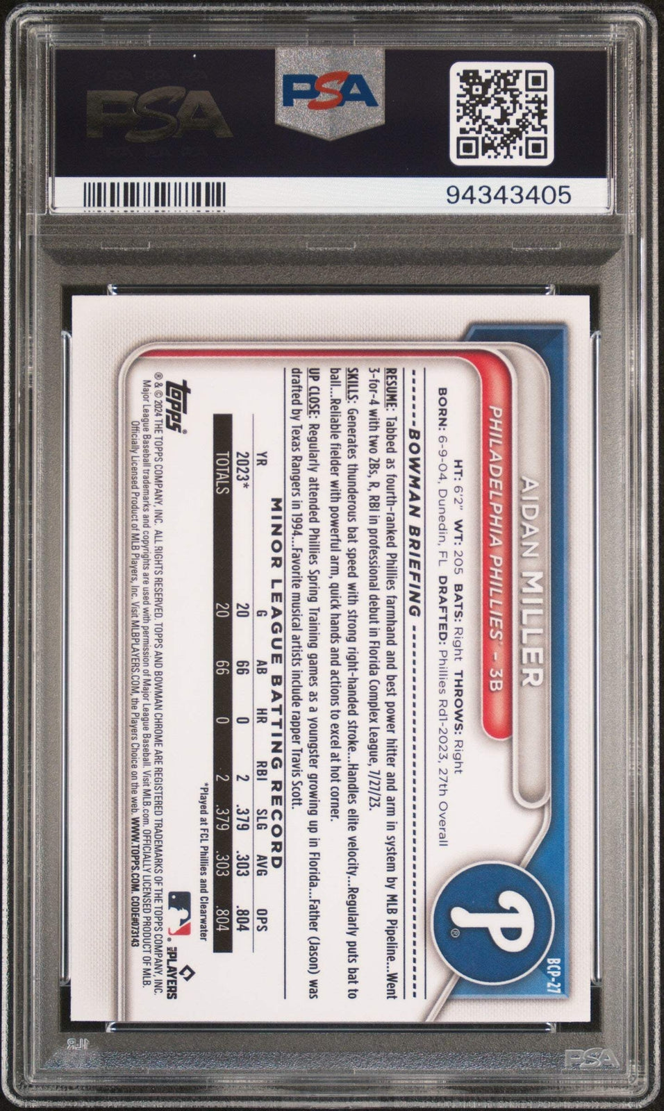 Graded 2024 Topps Bowman Aidan Miller #BCP27 Lunar REF RC Baseball Card PSA 10