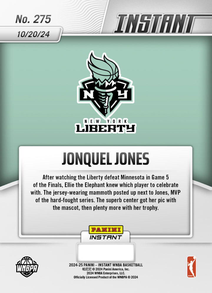 JONQUEL JONES CELEBRATES JUMBO WIN ELLIE THE ELEPHANT PANINI INSTANT CARD #275