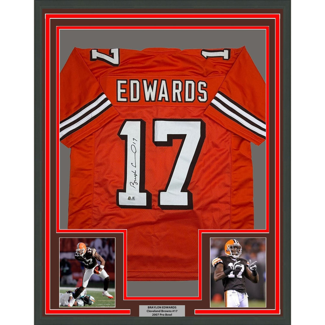 Framed Autographed/Signed Braylon Edwards 35x39 Cleveland Jersey BAS COA
