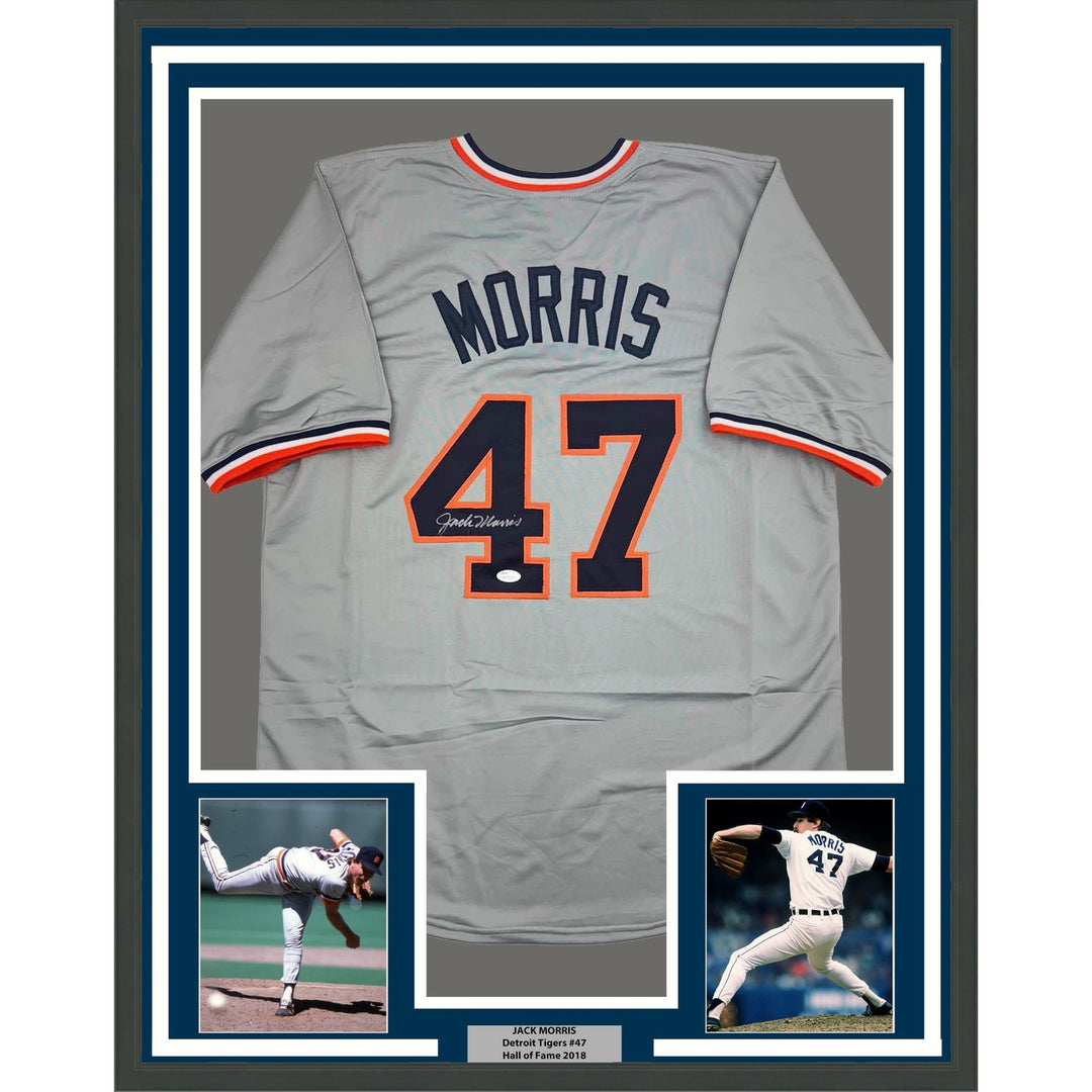 Framed Autographed/Signed Jack Morris 35x39 Detroit Grey Jersey JSA COA