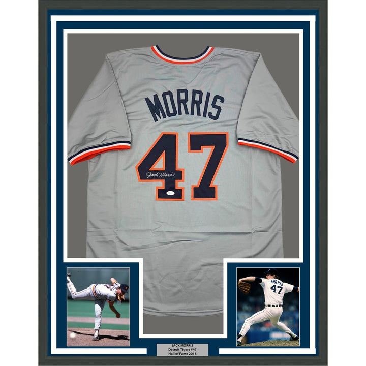 Framed Autographed/Signed Jack Morris 35x39 Detroit Grey Jersey JSA COA