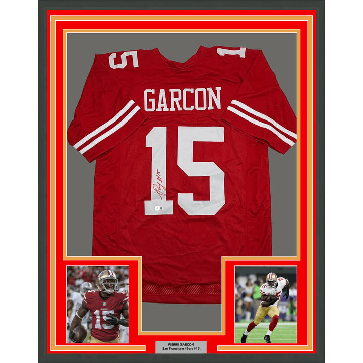 Framed Autographed Pierre Garcon 35x39 San Francisco Red Football Jersey BAS COA