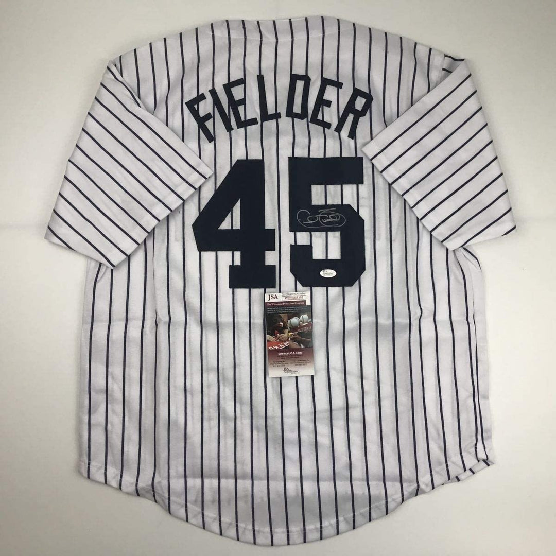 Autographed/Signed CECIL FIELDER New York Pinstripe Jersey JSA COA Auto