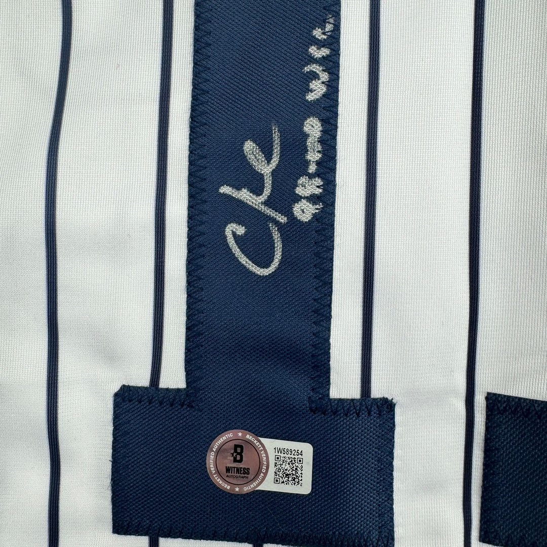 Autographed/Signed Chuck Knoblauch NY Pinstripe Baseball Jersey BAS COA