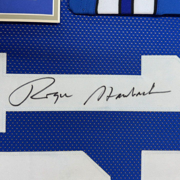Framed Autographed/Signed Roger Staubach 35x39 Dallas Blue Jersey BAS COA