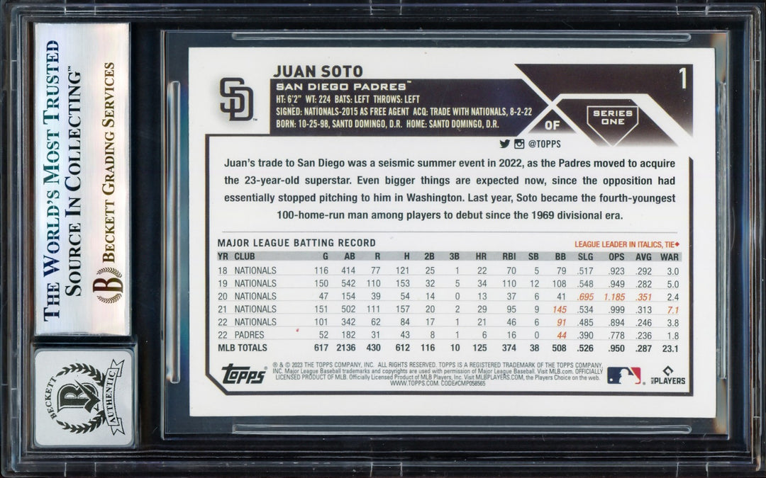 Juan Soto Signed 2023 Topps Card 1 San Diego Padres Auto GM 10 Beckett