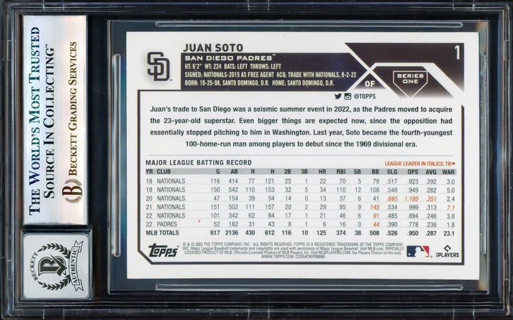 Juan Soto Signed 2023 Topps Card 1 San Diego Padres Auto GM 10 Beckett
