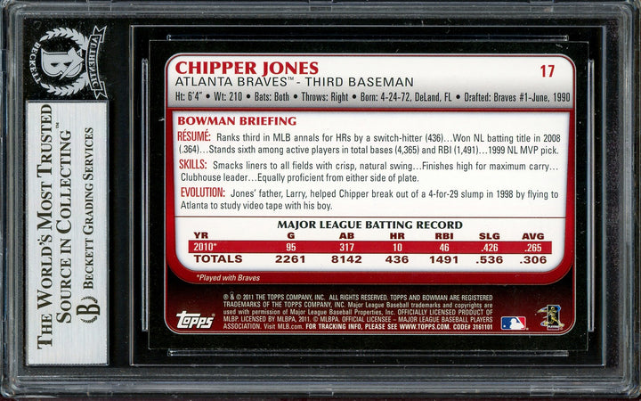 Chipper Jones Signed 2011 Bowman Card 17 Atlanta Braves Beckett #13020963