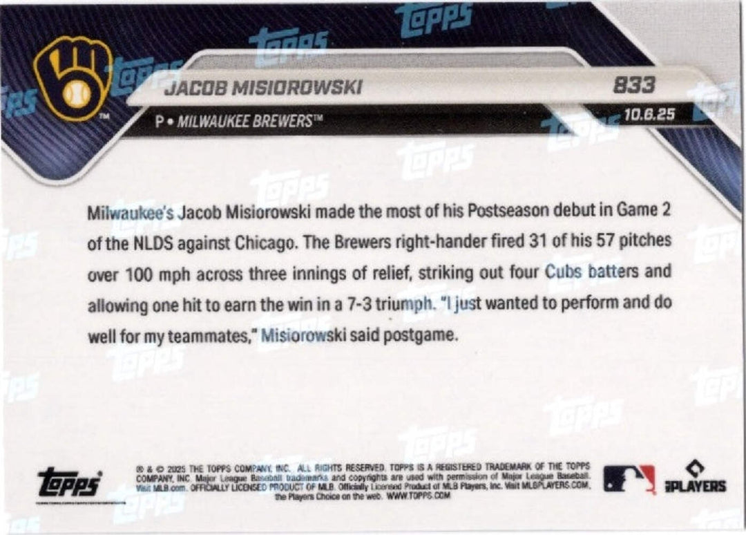 2025 Topps Now Jacob Misiorowski #833 Red Foil /5 Rookie RC Baseball Card